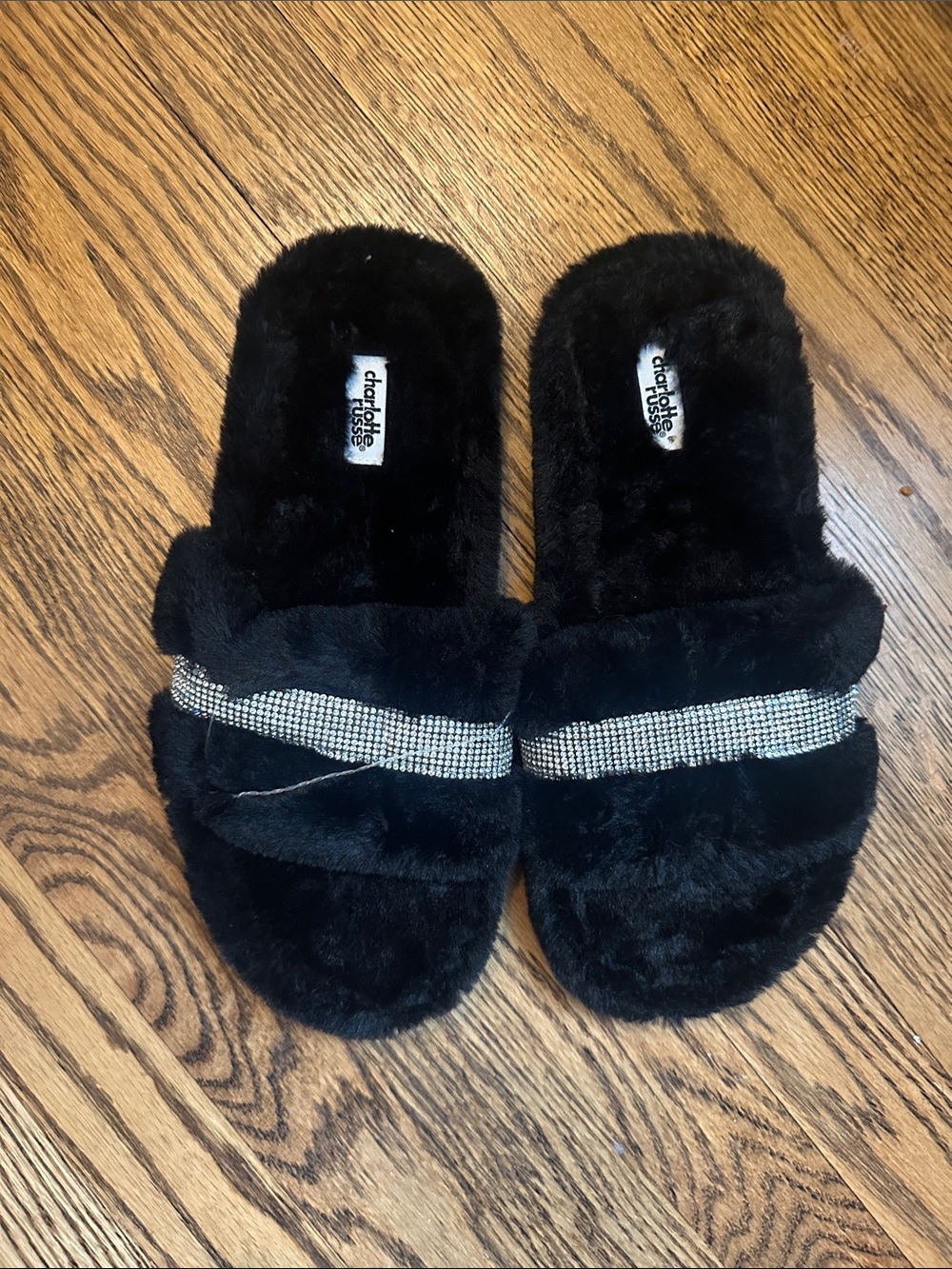 Charlotte Russe Black Faux-Fur Slide Slippers with Rhinestone Band